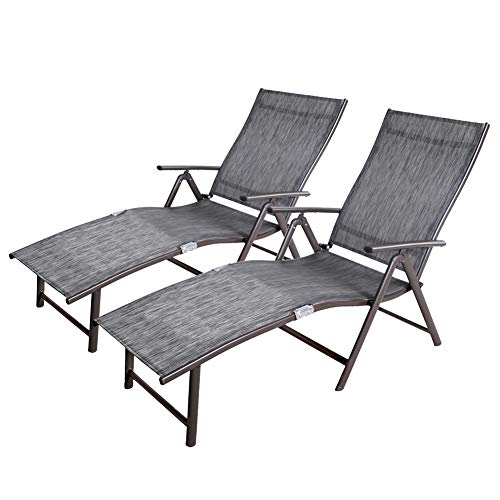 Crestlive Products Aluminum Beach Yard Pool Folding Recliner Adjustable Chaise Lounge Chair All Weather for Outdoor Indoor, Brown Frame (2 PCS Dark Gray)