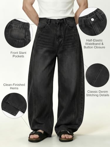 Mens Baggy Hip-Hop Jeans Wide Leg Loose Fit Denim Pants Y2K Vintage Streetwear Skater Jeans with Elastic Waist - Image 5