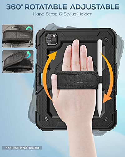 Seymac Ipad Pro 11 Case 4Th/ 3Rd/ 2Nd/ 1St Gen (2022/2021/2020/2018), Full-Body Shockproof Protective Case With Screen Protector, Rotating Stand, Hand/Shoulder Strap, 2Nd Gen Pencil Charging, Black #TOP2