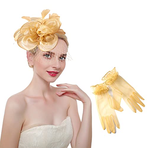 Ibeauti Fascinator Hats With Screentouch Lace Gloves Set For Women Tea Party Cocktail Wedding Derby Headwear Short Gloves (04 Yellow) #TOP19