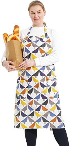 APRONNER Cotton Linen Baking Plus Size Aprons for Women with Pockets Kitchen Cooking Birdies