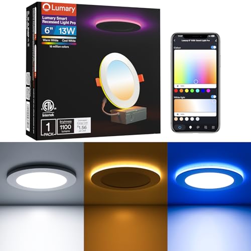 Image of Lumary Smart Recessed Light Pro 6 Inch with RGB /Night Ring, 13W 1100LM Smart Wafer Downlight, Canless with Junction Box, Compatible with Alexa /Google Assistant /BT Remote, ETL Listed, 1Pack