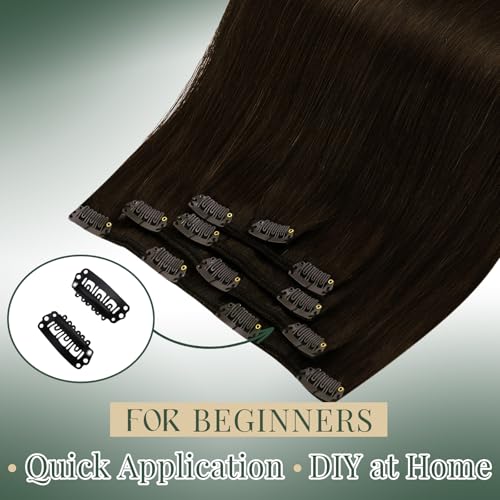 Image of Ugeat Human Hair Clip in Extensions Dark Brown 12 Inch 5pcs 85g | Real Human Hair Extensions Clip ins , Real Hair Clip in Extensions Dark Brown , Shoulder Length