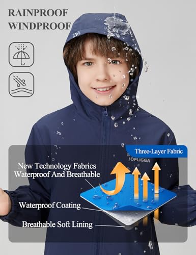 Image of Kids Rain Jacket Lightweight Waterproof Rain Coats Outerwear with Hood for Boys Girls Size 5-15