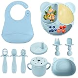 comeder Baby Weaning Set, 10 Pcs Silicone Baby Feeding Set, Baby Led Weaning Feeding Supplies for Toddlers, Baby Plates and Bowls Sets with Adjustable Bib, Food Plate Kit, Fork & Spoon (Blue)