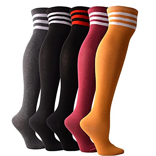 Calze Sexy Calzini a Righe Nere Donna Divertenti Calze Lunghe di Nylon Alte alla Coscia Calze Carine sopra Il Ginocchio (Rosso (Striscia Bianca) Taglia Unica)