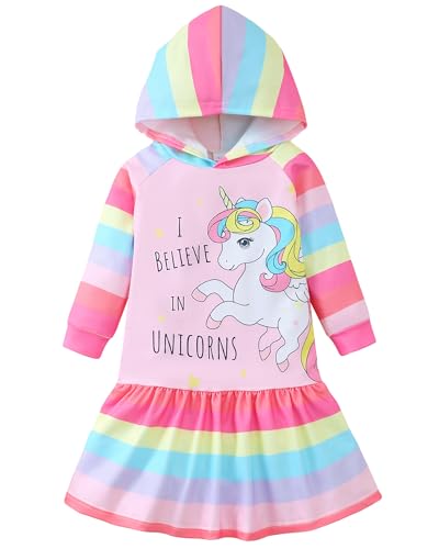 Toddler Girls Sweatshirt Dress: Long Sleeve A-Line Unicorn Hoodie Dresses for Fall Winter Christmas Party 2-7Y