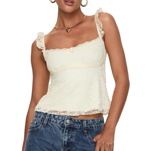 Women Y2k Lace Trim Tank Tops Camisole Spaghetti Strap Square Neck Sleeveless Vintage Going Out Shirts Streetwear