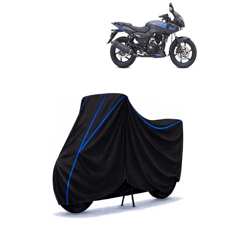 Image of Bajaj Pulsar 220 F Bike Cover Water Resistant Universal Motorcycle Rain | Heavy Duty UV Protection, Dust, Scratch Indoor Outdoor All Weather with Black Blue Piping Elastic