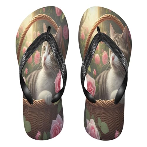 STAYTOP Cute Cat in The Flower Basket Flip Flops Sandals of Men's & Women's,Sandals Beach Slippers Shower Slides