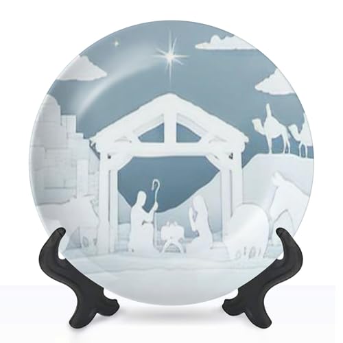 Ceramic Plate Wall Hanging Decor Christmas Christian Nativity Scene baby manger Mary Joseph silhouetteS Painting Decorative Plate Porcelain Plate For Living Room Household Party Dinner Table 10 Inch