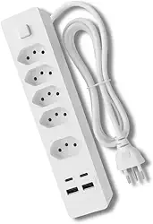 Filtro de Linha Premium 2500W com 5 Tomadas 3 Pinos, 2 USB e 2 USB-C, Cabo Branco Longo, Botão Liga/Desliga, Proteção Elétrica – Extensão Ideal para Casa, Escritório e Eletrônicos