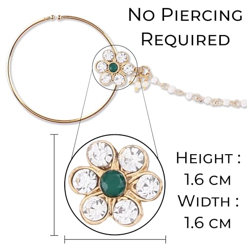 Image of Suhana Goldon Plated Traditional Ethnic Bridal Nose Ring /Nath without piercing with Pearl Chain Encased with Stone for Women /Girls (Nose Ring Diameter - 5)