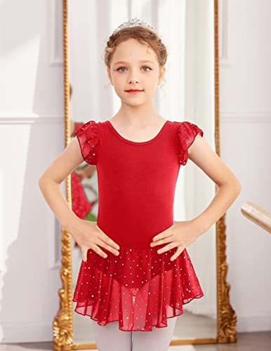 Image of Arshiner Girls Shiny Ruffle Sleeve Ballet Leotard with Skirt Criss-Cross Back Dance Dresses