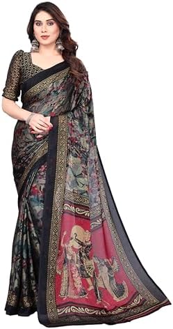 LYAMAY Women's Chiffon Georgette Floral Printed Saree with Blouse Piece Black