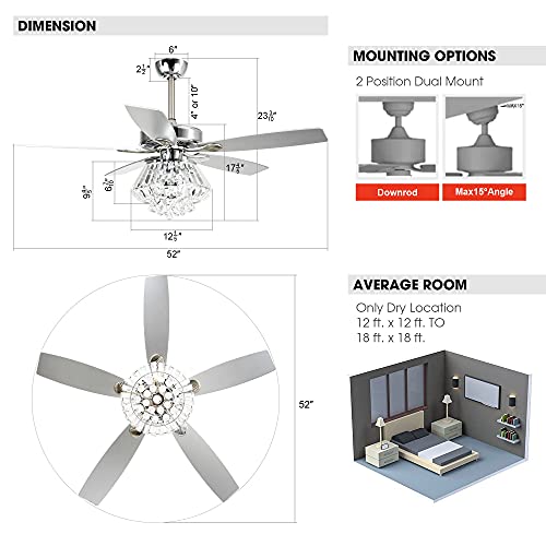 Parrot Uncle Ceiling Fans with Lights and Remote, 52 Inch Crystal Chandelier Lighting Ceiling Fans for Bedroom Living Room, Ventiladores De Techo Modernos, Reversible 5 Blades, Timer, Silver - Thumbnail 6