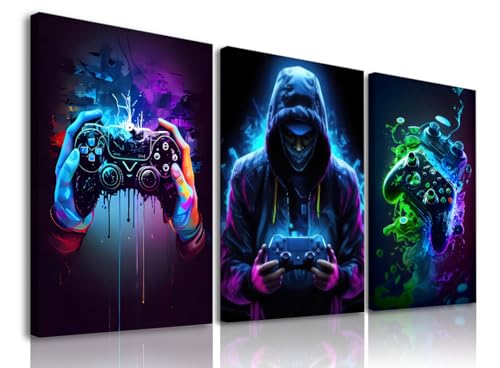 Aroutde Framed Cool Gaming Wall Art Trendy Video Game Watercolor Art Decor Colorful Neon Gamepad Canvas Printing Gaming Room Decor Poster for Bedroom Game Room Play Room (12x16 Inch)