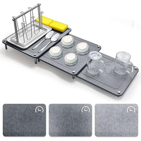 3Pcs Nesting Stone Drying Mat for Kitchen Counter, Quick Drying Dish Drying Mat with Non-Slip Feet, Super Absorbent Heat Resistant Diatomaceous Earth Dish Drying Mat for Dishes, Bottles, Cups-Gray Cover