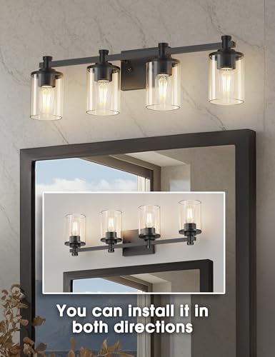 Image of DORESshop 4-Light Black Bathroom Light Fixtures Over Mirror, Modern Wall Sconce with Clear Glass Shade, Vanity Lights for Bathroom