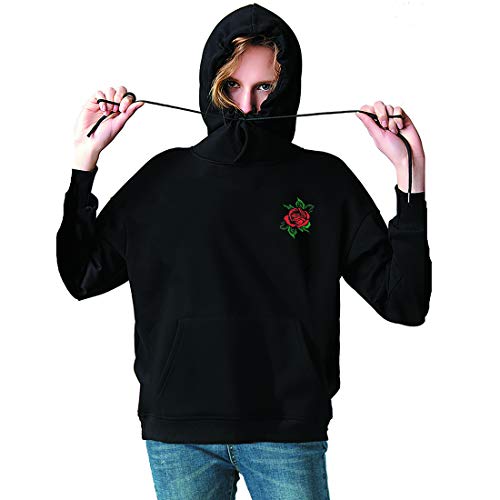 Sunny Guo Rose Embroidered Hoodie Long Sleeve Letters Printed Hip Hop Hoodie Hooded Sweatshirt For Men Women (Black, S) #TOP7