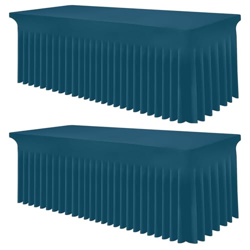 Image of Smiry 2 Pack Spandex Elastic Fitted Table Cloth Skirt for 6FT Table | Stretch Washable Table Cloth, Banquet Table Cover for Wedding, Party, Indoor & Trade Shows, (Peacock Blue, 72Lx30Wx30H)