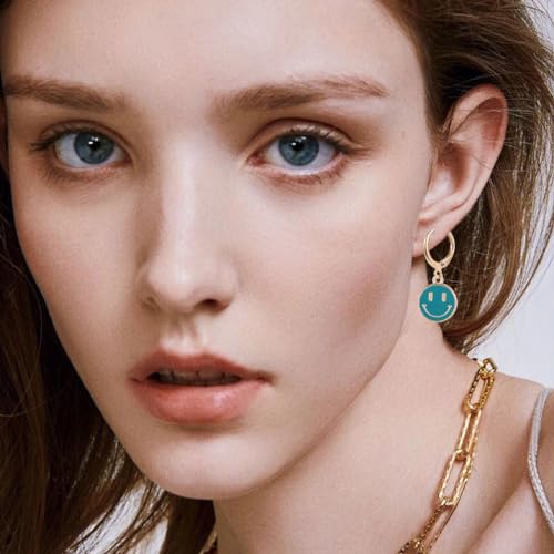 Image of Smiley Face Earrings Huggie Hoop Y2K Preppy Happy Lightning Bolt Heart Star Small Dangle Colorful Gold White Red Pink Yellow Blue Jewelry