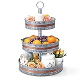 Plexon 3 Tiered Tray Stand, Metal Tiered Serving Tray, Round Seafood Tower, Centerpiece Three Tiered Serving Stand, Galvanized Steel Trays, Silver with Copper Trim Farmhouse 3 Tier Stand for Fruit