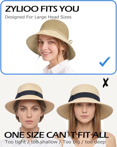 Image of Zylioo Large Size Straw Sun Hat for Women, XL Wide Brim Summer Beach Hat 22.8 inch-24 inch, Packable Travel Hat with Fabric Brim