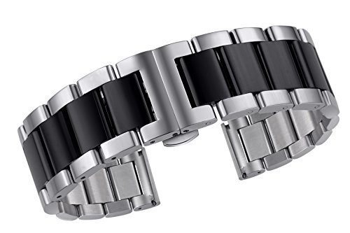 20mm Two Tone 316L Stainless Steel Watch Band Bracelet Solid Links Silver and Black Deployment Clasp