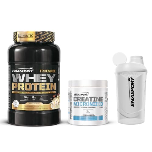 Pack Truemade Whey Protein 907 g, Creatina Monohidrato 300 g, Enasport Shaker Wave Blanco 600 ml (907, Vainilla)