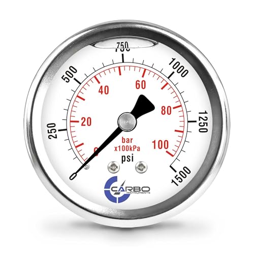 Image of 1500 PSI Glycerin Liquid Filled Pressure Gauge, 2.5 inch Dial, 1 /4 NPT Back Mount, 304 Stainless Steel Case, Brass Wetted Parts, Dual Scale PSI /Bar - ASME B40.1 Grade A