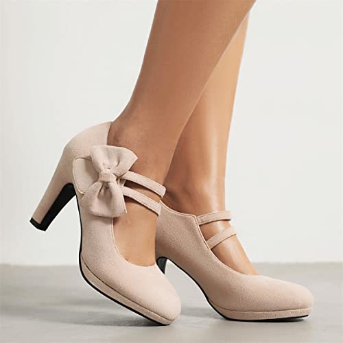 Elerhythm Women's Mary Jane Heels with Bow Retro Closed Round Toe Pumps Suede Chic Bowtie Vintage Sweet Office Dress Daily Shoes4