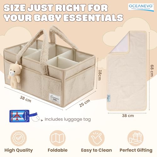 Image of OCEANEVO Fur Diaper Caddy Organizer Bag | WITH Diaper Changing Mat, Bag Charm and Luggage Tag | New Born Baby Essentials | For Mothers for Travel - 38 x 25 x 18 cm - Beige - 1 Year Warranty