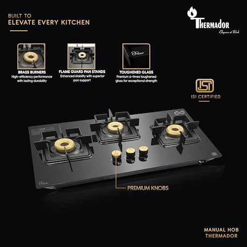 Image of Thermador 3 Burner Diamond Hobtop Gas Stove With Manual Ignition. Toughened Glass Top,Brass Burners,Stainless Steel Drip Tray,Anti-Skid Pan Support- LPG Compatible Kitchen Cooktop