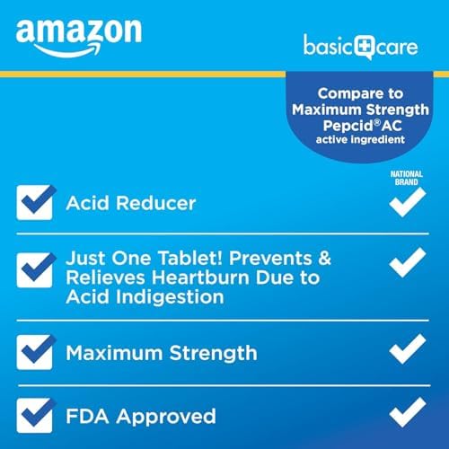Amazon Basic Care Maximum Strength Famotidine Tablets 20 mg, Acid Reducer for Heartburn Relief, Prevents & Relieves Acid Indigestion, Heartburn Medicine, 12 Hour Protection, 200 Count - 1