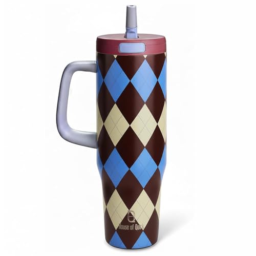 House of Quirk 1200ML Stainless Steel Tumbler with Handle & Pop-Up Lid, Leakproof Travel Cup, Fits Car Cup Holder (Retro Plaid)