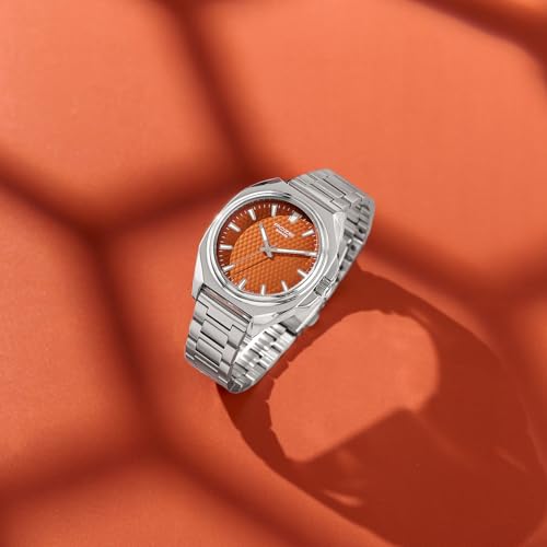 Image of Sonata Poze 7 Analog Orange Dial Silver Sheet Metal Strap Watch for Men - SP70091SM01W