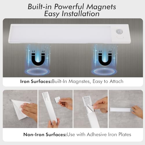 Image of 2 Pack Under Cabinet Lighting, 3 Colors & Dimmable Motion Sensor Light Indoor, 900mAh Rechargeable Under Cabinet Lighting Magnetic for Kitchen, Stairs, Closets, White(ABS+PC)