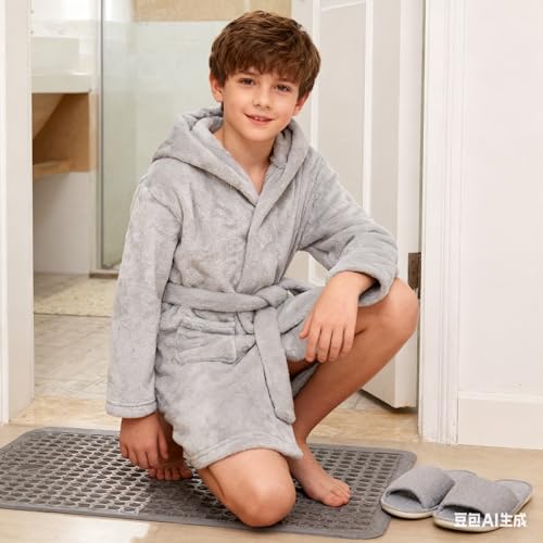 Image of Boys Girls Bathrobes,Toddler Boy Girl Robes,Children's Plush Soft Coral Fleece Hooded Pajamas Sleepwear for Kids