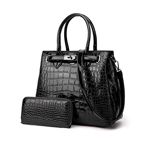 NICOLE & DORIS Bolsos de Mujer Bolso Señora Tote Casual Bolso de Mano de Cuero Charol Bolsos Cruzados Vintage Bolso Hombro Billetera 2pcs Set Negro