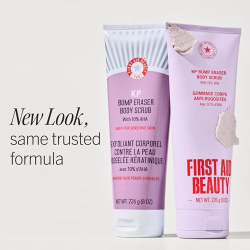 Image of First Aid Beauty KP Bump Eraser Body Scrub with 10% AHA - Dermatologist-Tested Keratosis Pilaris Exfoliator - Support for Rough Bumps, Uneven Skin Texture & Strawberry Skin - Sensitive Skin
