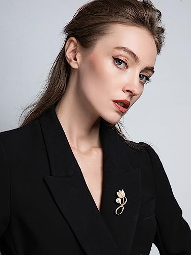 Image of 14K Gold Tulip Flower Brooch, Delicate Moissanite and Natural Freshwater Pearl Corsage,Perfect for Elegant Dressing
