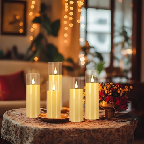 Image of YOROXRG Flickering Flameless Candles Battery Operated with Remote,Led Pillar Candles with Realistic Moving Wick Candles for Halloween,Christmas,Home Decor Pack of 24 (D2.2 xH 5 inch 6 inch 7 inch)(Ivory)