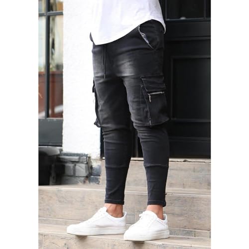 Men's Moto Biker Skinny Jeans Slim fit Cargo Denim Pants3