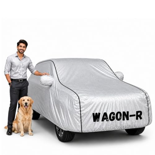 Image of Waterproof Car Cover for Wagon-R | Soft Cotton Lining Heavy Duty Triple Stitched Heat Resistant Outdoor Cover Comes with Mirror and Antenna Pocket Full Bottom Elastic (Zig Zag Silver)
