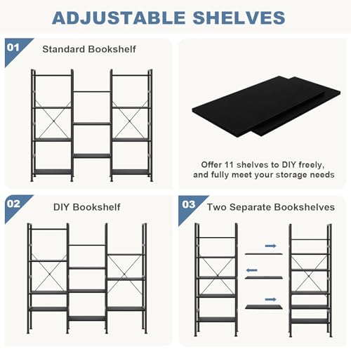 Image of DUMOS Triple Column 4 Tier Bookshelf with Adjustable Shelves, Wide Convertible Display Unit, Industrial Bookcase for Living Room & Home Office, Sturdy Freestanding Storage Decor Organizer, Black