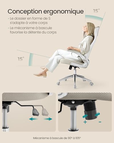 Chaise Bureau Ergonomique Beige Accoudoirs Rabattables SONGMICS