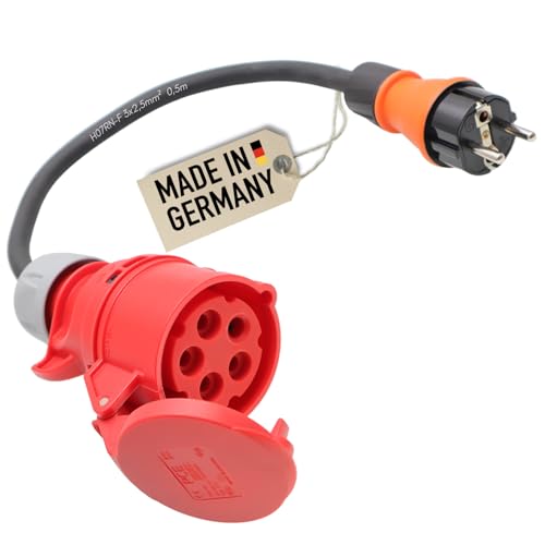 Adapter Schuko Stecker 230V auf CEE 16A 5-polig Kupplung 0,5m Starkstrom Stromadapter Schutzkontakt Ladekabel Elektroauto Adapter Verlängerungskabel IP44