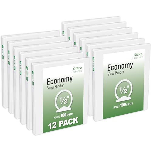 Office Essentials Economy View 3 Ring Binders 0.5 Round Rings 0.7 Spine 100-Sheet Capacity White Binders (12-Pack of 03422)