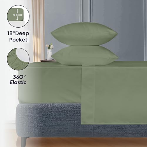 Image of SGI bedding 96 inchx96 inch 4 Pc Vermont King Sheet Set 600 TC 18 inch Deep, Moss